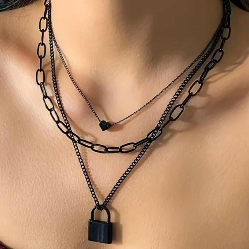 Black Chain Necklace with Padlock Pendant - Picture 2 of 5